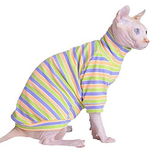 Sphynx Clothes for Cats Hairless Cat Shirt Vintage Striped Shirt Breathable Spring Summer Cotton T-Shirts Cute Pet Clothes Shirts for Hairless Cats Only(Vintage Purple Green, M(4.4-5.5lbs)) - Vintage Purple Green L（6.6-8.8lbs）
