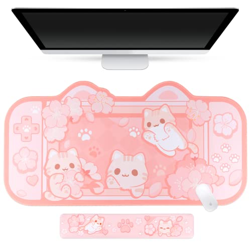 BelugaDesign Sakura Cat Desk Pad | NS Switch Keyboard Gaming Mat Large Mat Mousepad | Pastel Pink Kawaii Cute Anime Desk Blotter Protector with Gel Wrist Support - Pink
