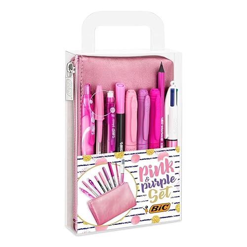 BIC Pink & Purple, Set Con Astuccio, 2 Penne A Sfera, 1 Penna Gel Cancellabile, 1 Pennarello Punta Fine, 1 Matita in Grafite, 1 Fineliner punta media, 3 Pennarelli Indelebili, Kit Scrittura, 10 Unità - Single