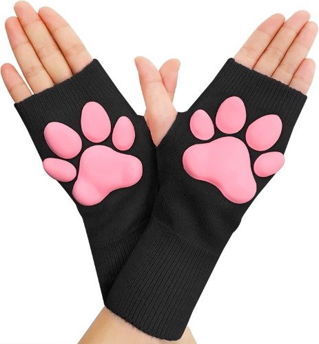 Littleforbig 3D Paw Pad Silicone Kitten Fingerless Knitted Warm Stretchy Breathable Cashmere Gloves - Black