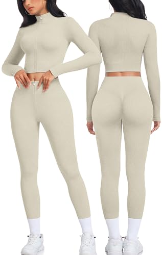 OLCHEE Womens Workout Sets 2 Piece - Seamless Ribbed Acid Wash Yoga Gym Outfits Leggings and Long-Sleeve Crop Top with Zipper - M - Jacket + Leggings: Cream