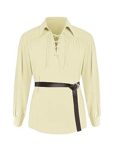 Bbalizko Mens Medieval Pirate Shirt Viking Renaissance Steampunk Lace Up Halloween Colonial Scottish Costume Tops - Medium - Beige