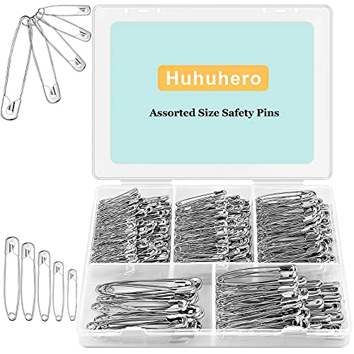 Safety Pins Assorted, 340 Pack Nickel Plated Steel Safety Pins Heavy Duty, 5 Different Sizes Safety Pin, Safety Pins Bulk, Small Large Safety Pins for Clothes, Sewing, Arts, Crafts (Silver) - Silver