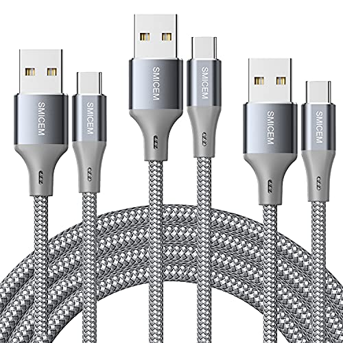 USB Type C Cable 3A Fast Charging (10 feet 3 Pack) USB A to USB C Cable Braided Cable USB C Charger Cable, Compatible with Galaxy S8 S9 S10 LG G6 G7 V20 V30 V40 Note 8 9 10 and More (Gray)