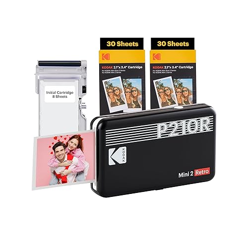 KODAK Mini 2 Retro 4PASS Portable Photo Printer (2.1x3.4 inches) Initial 8 Sheets + 60 Sheets Bundle, Black - 2x3 Printer + 68 Sheets - Black