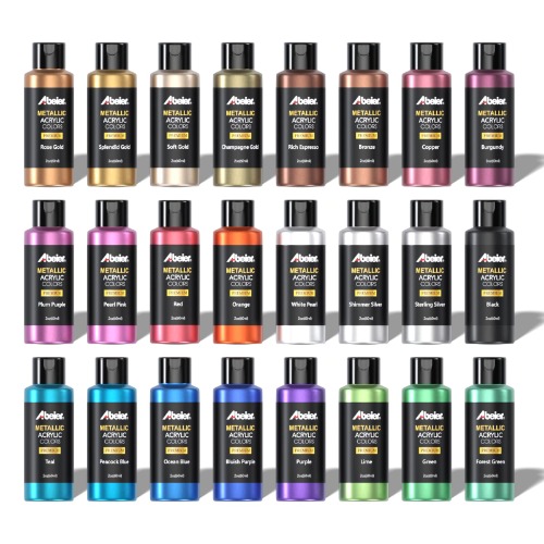 Metallic Acrylverf, Abeierset van 24 metallic kleuren in 60ml fles, rijke pigmenten, niet vervagend, niet giftige verf voor kunstenaars, beginners en kinderen die schilderen op gesteente, handwerk,