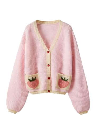 SHENHE Women's Strawberry Pattern Open Front Bishop Sleeve Casual Cardigan - Large - Pink