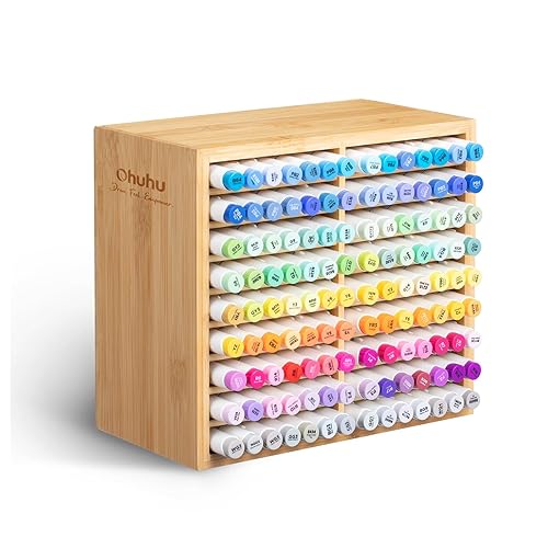 Ohuhu Bamboo Marker Organizer, Wooden Desktop Storage Hold 126 Markers, Pens, Pencils, Art Brushes Stationary Organizer Pencil Holder with 18 Compartments for Home, Classroom, Office Decor - Hold 126 Markers