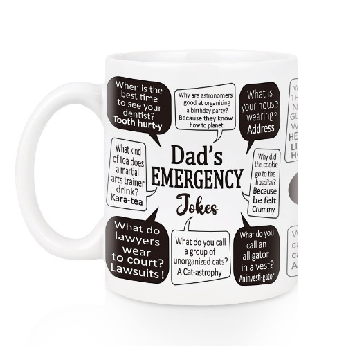 Gift for Dad - Emergency Dad Jokes Coffee Mug - Funny Gag Dad Gifts - Father's Day Gifts for Dad from Daughter Son Kids - Novelty Gift Ideas for Dad on Birthday Christmas 11 Oz White - White