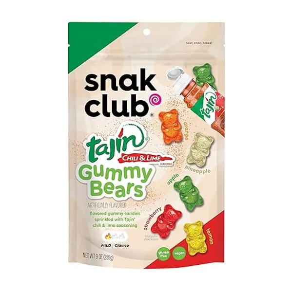 Snak Club Tajin Gummy Bears, Assorted Fruit Candy Gummies with Chili and Lime Seasoning, Mild, Gluten-Free and Vegan Snacks, 9 oz Resealable Bag - 9 Ounce (Pack of 1)
