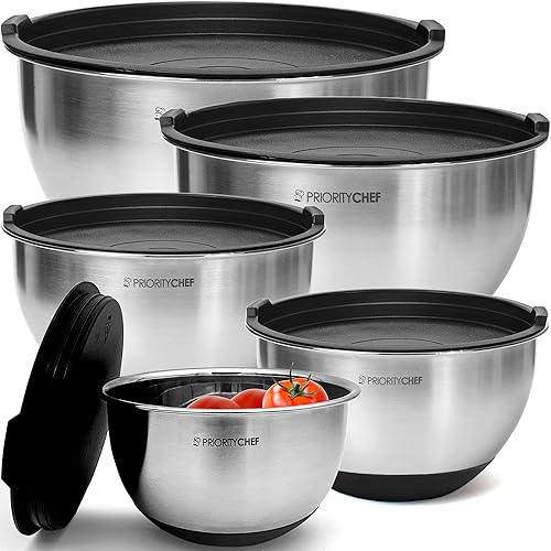 Priority Chef Premium Stainless Steel Mixing Bowls With Airtight Lids - Thick Metal Nesting Bowls for Kitchen, 1.5/2/3/4/5 Quart, Black - Black
