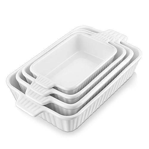 MALACASA Casserole Dishes for Oven, Porcelain Baking Dishes, Ceramic Bakeware Sets of 4, Rectangular Lasagna Pans Deep with Handles for Baking Cake Kitchen, White (9.4"/11.1"/12.2"/14.7"), Series - White - Set of 4-Rectangular