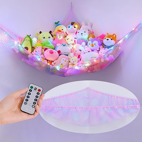Unicorn Castle Stuffed Animal Net Hammock Kids Toy Storage with LED Light Plush Toy Organizer Corner Hanging Stuffed Animal Holder For Nursery Kids Girls Room Decor - pale pink - 51'' x 51" x 71" (Pack of 1)
