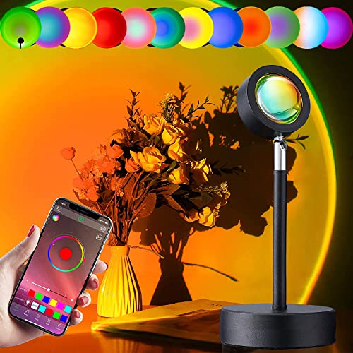 Sunset Lamp Projector, APP Control Multicolor Sunset Projection Lights Easily Adjust the Brightness, Timer Function, Multi-strobe Modes, Synchronized with Music, with USB Warm Romantic Visual Night Decorative for Photo, Vlog, Background, Bedroom, Living Room, Home Indoor Party