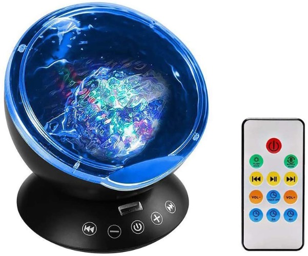 TOPBRY Ocean Wave Projector Night Light with Remote Control,12 LED Beads & 7 Colorful Light Modes, Built-in Mini Music Player for Kids Adults Bedroom Living Room. (Black) - Black