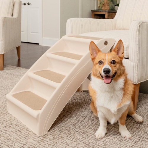 PetSafe CozyUp Folding Dog Stairs - Pet Stairs for Indoor/Outdoor at Home or Travel - Dog Steps for High Beds - Pet Steps with Siderails, Non-Slip Pads - Durable, Support up to 150 lbs - Large, Tan - Standard