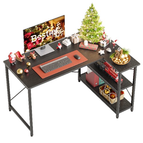 Bestier Small L Shaped Desk with Shelves 47 Inch Reversible Corner Computer Desk Writing Gaming Storage Table for Home Office Small Space, Black