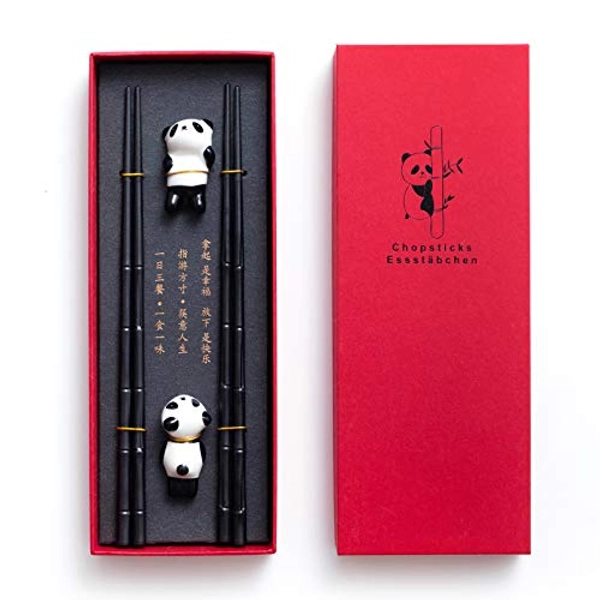 HauSun 2 Pairs Chopsticks and Chopstick Rest Gift Set- Dishwasher Safe Reusable Fiber Glass Chopsticks + Porcelain Cute Panda Chopstick Holder, Non-slip Chinese Japanese Style Chopsticks Set, Black