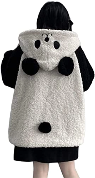 Cimcado Women Japanese Kawaii Panda Ear Hooded Jacket, Winter Cute Sherpa Fleece Sweatshirt Aesthetics Preppy Harajuku Hoodie