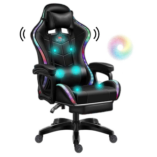 Gaming Chair with RGB LED Lights and Speakers, Massage Computer Chair Ergonomic Racing Office Chair PU Leather Recliner Swivel E-Sports Chair with Lumbar Support Headrest Armrest and footrest,Black - Black