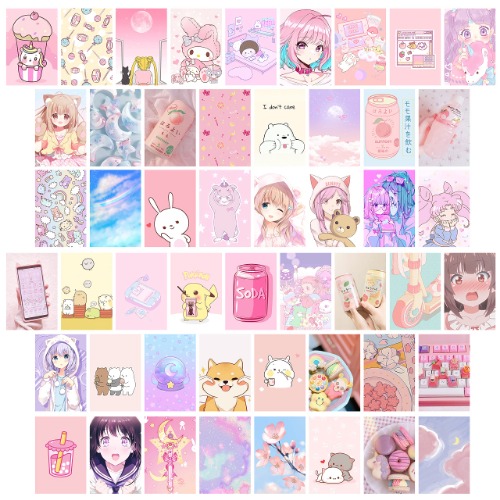 50Pcs Kawai Anime Aesthetic Picture Wall Collage Kit, Pink Cartoon Assembled Print Card Set, Back to School Dorm Photo Poster Display Trendy Style, Sweet Room Decor For Teen Girls Back to School Gifts - A-Kawaii