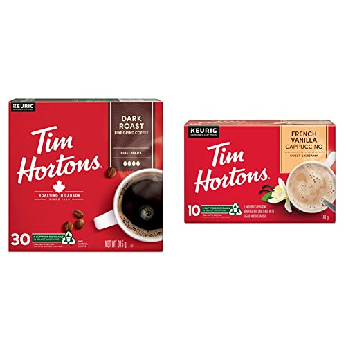 Tim Hortons Dark Roast Coffee, Single Serve Keurig K Cup Pods, 30 Count & French Vanilla Cappuccino Flavoured Coffee, Single Serve Keurig K-Cup Pods, 10 Count
