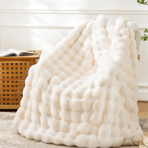 BENVWE Faux Fur Throw Blanket Fuzzy Bubble Blanket, Soft,Cozy and Thick Blanket Plush Fluffy Blanket for Couch Chair Bed 63x80 Inches Cream White - Twin(63" x 80") - Cream White
