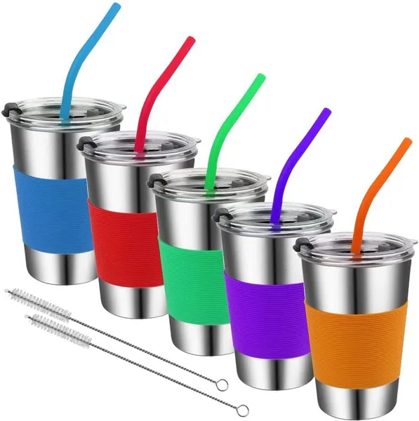 Vermida Stainless Steel Kids Cups with Lids and Straws,16oz Spill Proof Kids Straw Tumblers with Lids,Unbreakable Toddler Cups with Straws,No Spill Toddler Sippy Cups with Straws for School,Outdoor