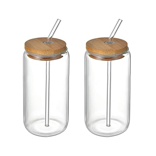 Blanketswarm 2Pcs Drinking Glasses with Bamboo Lids and Straws, Beer Can Glass Tumbler Glasses Ice Coffee Cup for Milk Coffee Ice Water Cocktail - 395 ML/13.36OZ(with lid and straw)