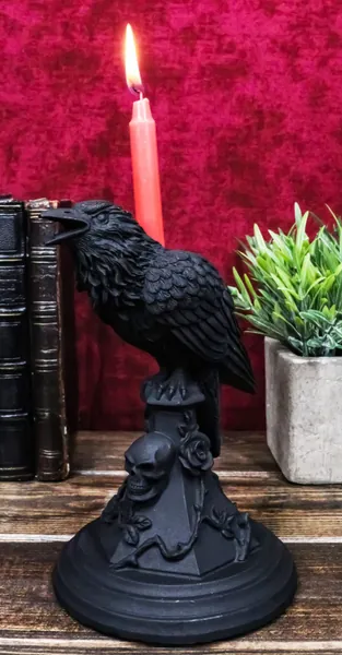 Ebros Gift Gothic Edgar Poe Nevermore Quoth The Raven Crow Perching On Black Rose and Skull Tombstone Spell Taper Candle Holder Decorative Figurine Gothic Macabre Wicca Alternative Arts