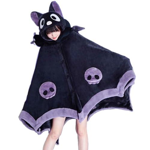 Cute Halloween Wearable Blanket Hoodie Free Size for Adults Devil Bat Hooded Blanket Oversized Soft Sherpa Hoodie Women Throw Cloak Wrap with Demon Wings for Men Child Student,A - A