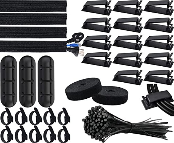 SOULWIT® Cable Management Kit, 4 Cable Sleeve, 3 Silicone Cable Holder, 10+2 Roll Cable Organizer Straps, 15 Large Cord Clips, 100 Wire Organiser Ties for TV PC Under Desk Home Office - Black