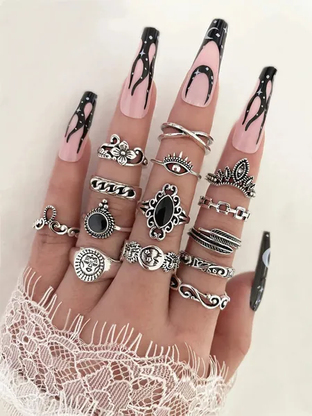 16 Piece Star & Skull Boho Silver Ring Set, Women Knuckle Ring, Bohemian Stack Ring Set, Vintage Silver Ring, Multi Stack ring Set