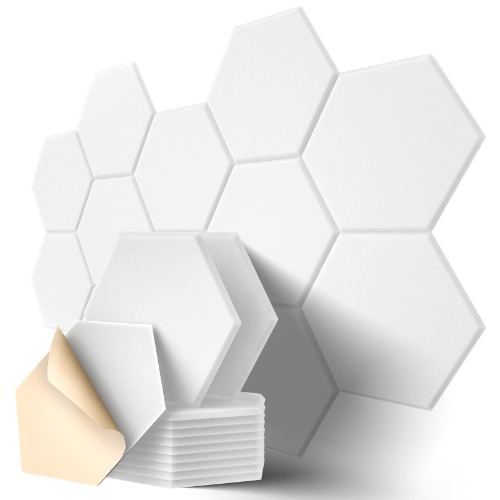Dailycooper 12 Pack Self-adhesive Acoustic Panels 12" X 10" X 0.4" - Sound Proof Foam Panels with High Density, Stylish Hexagonal Design, Flame Resistant, Absorb Noise and Eliminate Echoes(Gray) - Regular (12 Pack) White