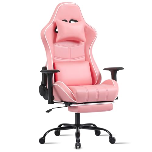 Pink Gaming Chair with Footrest, Computer Chair with Headrest and Lumbar Support, Massage Gamer Chair for Adults, Big and Tall Video Game Chairs 400lb Capacity - Large - 80-pink