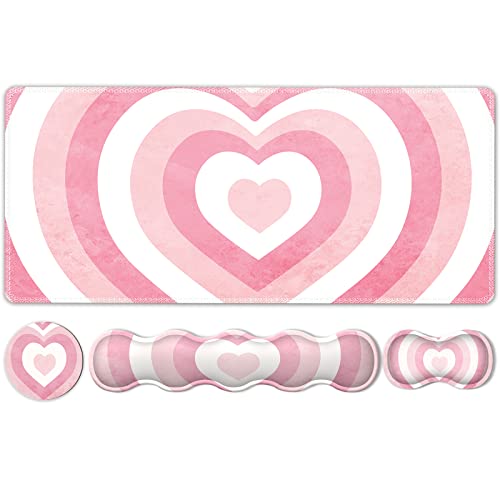 iLeadon Keyboard Mouse Pad Set, Large Gaming Mouse Pad + Keyboard Wrist Rest + Mouse Pad with Wrist Support + Coaster, Easy Typing Pain Relief, 35.4x15.7in Desk Mat for Home Office, Pink Heart - 4 Pcs - Heart Pink - 4 PCS