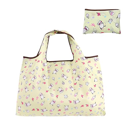 Cartoon Kitty Shopping Bags Kawaii Reusable Tote Bags XLarge Foldable Fashion Recycling Bags with Pouch Bulk for Girl Women - Yellow