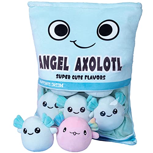 REFAHB Cute Axolotl Plush Toy, Removable Salamander Animal Stuffed Plush Pillow, Kawaii Plush Cushion Toy Game for Kids, Girls, Birthday Gift (6pcs a Bag, Blue) - Axolotl-blue