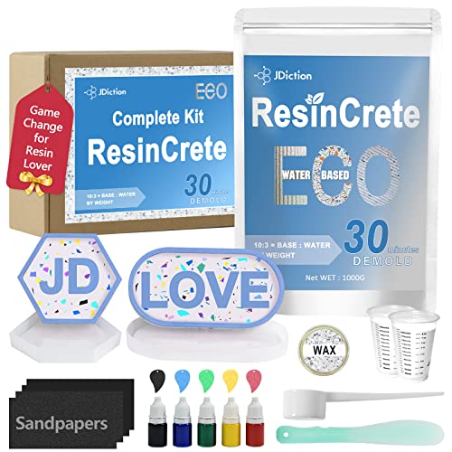 JDiction ResinCrete Kit, Fast Curing Complete Resin Kit for Beginners, 20-30Minutes Demold, Include Water Based Casting Powder, Mold, Pigment for Terrazzo Resin Kit, Self Leveling, Easy Mix Resin Kit