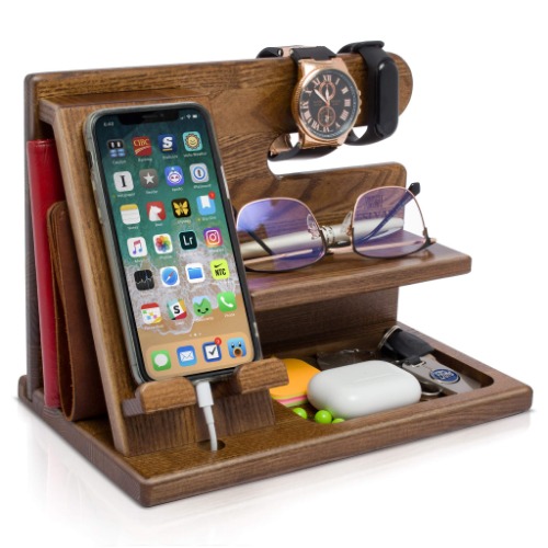 TESLYAR Wood Phone Docking Station Ash Key Holder Wallet Stand Watch Organizer Men Husband Wife Anniversary Dad Birthday Nightstand Purse Father Graduation Male Idea Gadgets (Beige) - Beige