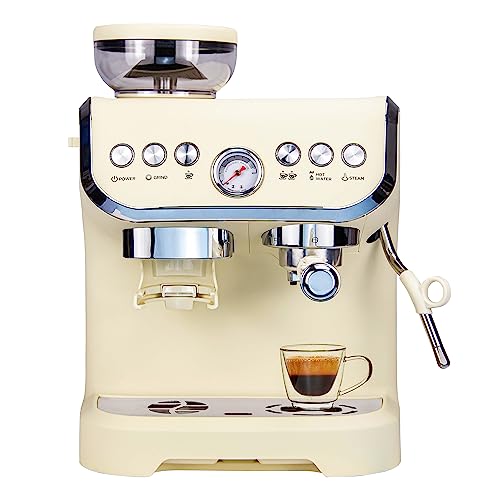 MIROX Espresso Coffee Maker With Grinder For Home, 2000ML Water Tank&1450w and ABS Housing Combo Coffee Latte Maker Cappuccino Machine With Milk Frother Latte Macchiato Cuppuccino Machines - Cream