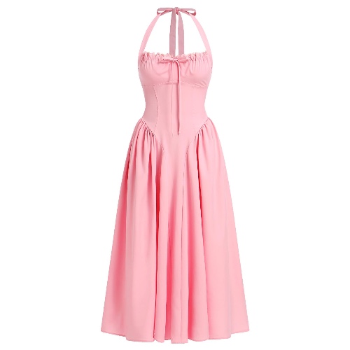 OBEEII Corset Dress for Women Summer Halter Neck Low Cut Bustier Midi Dress Flowy Pleated Hem Long Sundress with Pockets - Medium - Pink