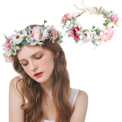 AWOCAN Women Flower Crown Headband Flower Headpiece Floral Crown Wedding Bridal Hair Garland Adjustable Flower Hair Wreath Crown for Women (WHITE+PINK-A)