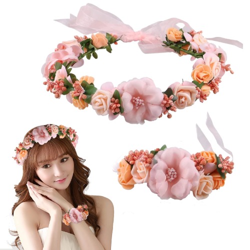 Lopsity Women Rose Floral Crown Women Rose Wreath Wedding Bridal Hair Garland Ajustable Flower Hair Wreath for Womens (style3-PINK) - style3-PINK