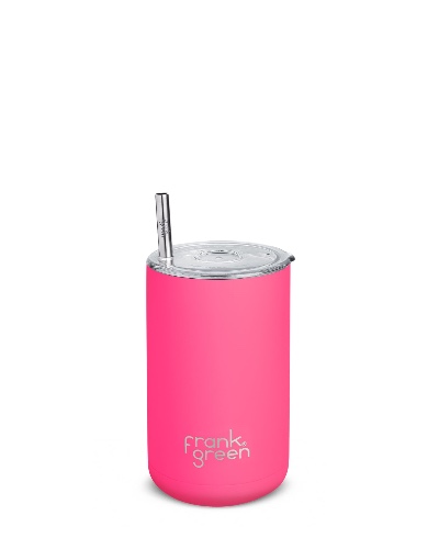 frank green Reusable Iced Coffee Cup with Straw, 3-in-1 Insulated Drink Holder with Double Wall Vacuum, Ceramic Lined Tumbler with Straw and Lid - Neon Pink 15oz/425ml - Blue