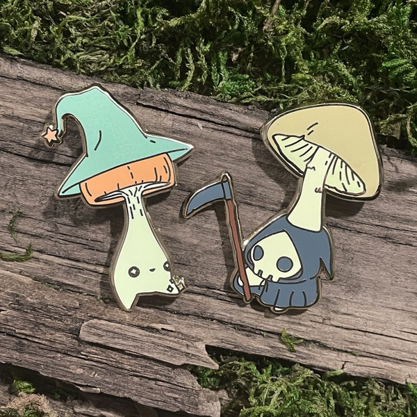 Fantasy Mushling Hard Enamel Pins - Wizard and Death Cap Mushroom Pin Set
