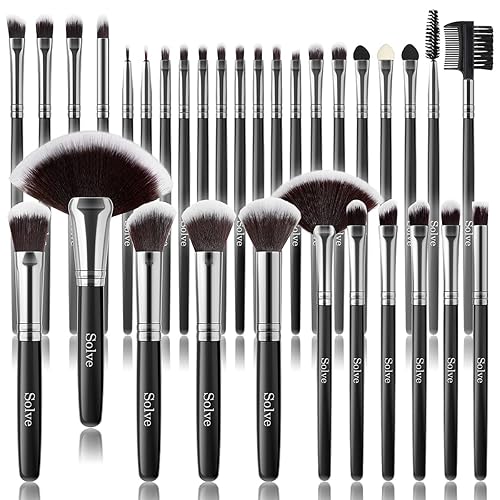Makeup Brush Set, SOLVE 32 Pieces Professional Makeup Brushes Wooden Handle Cosmetics Brushes Foundation Concealer Powder Face Eye Make up Brushes Kit, Black - Black