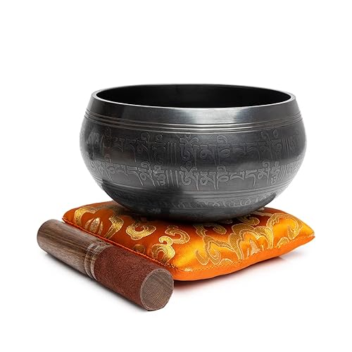 Tibetan Singing Bowl Set - Easy To Play Authentic Handcrafted For Meditation Sound Chakra Yoga Healing 4 Inches By Himalayan Bazaar (Black & Orange) - Black - Orange - 4 Inches