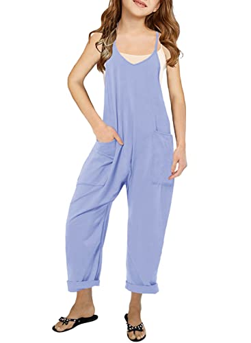 Cnkwei Girls' Casual Sleeveless Jumpsuits Spaghetti Strap Loose Romper Long Pants with Pockets - 13-14 Years - Modern - Sky Blue