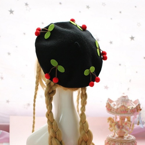 Kawaii Berets (21 styles) - Black With Cherries